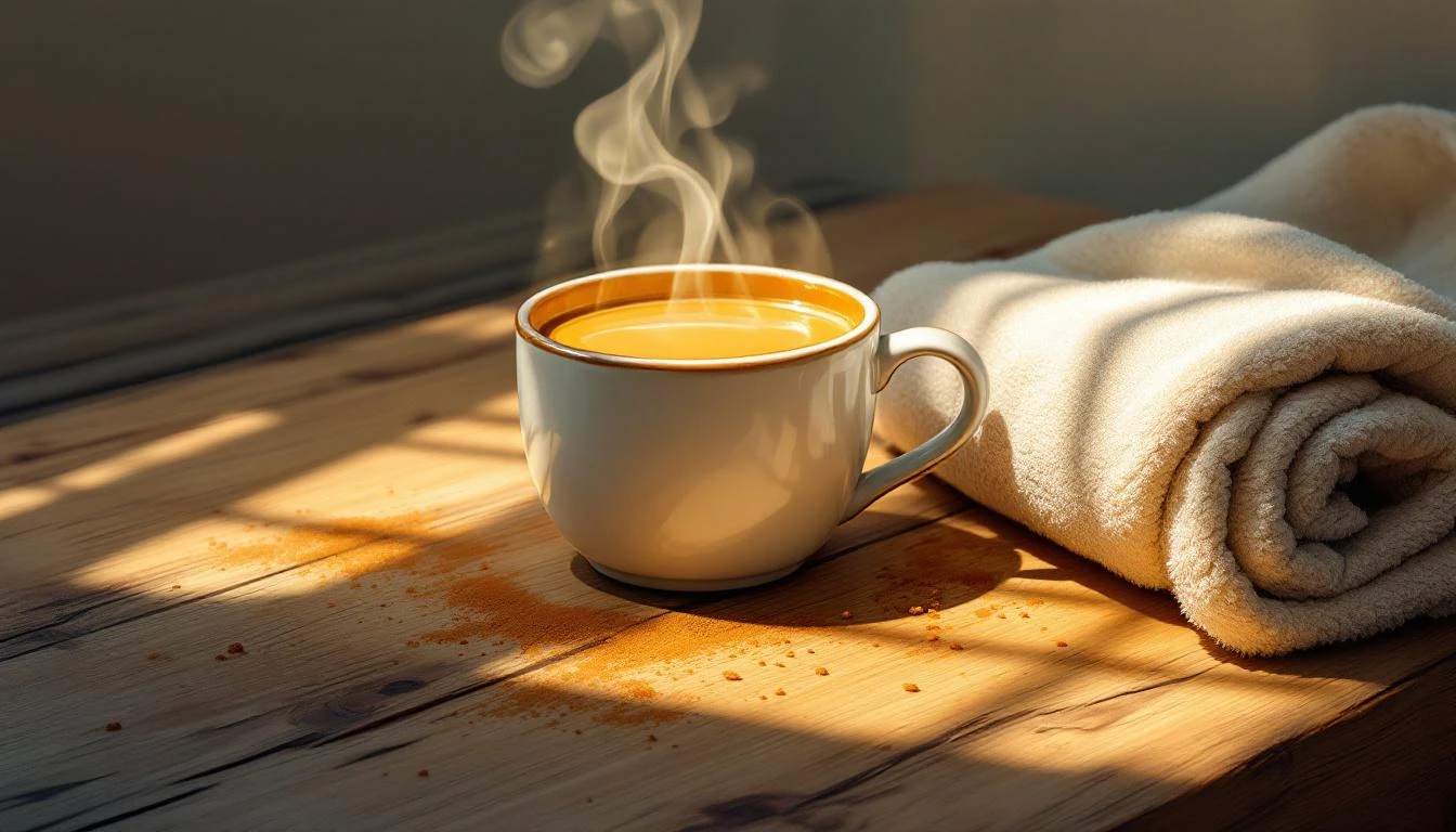 Steaming caramel-colored mug on rough wood beside a bunched gym towel in warm amber morning light.