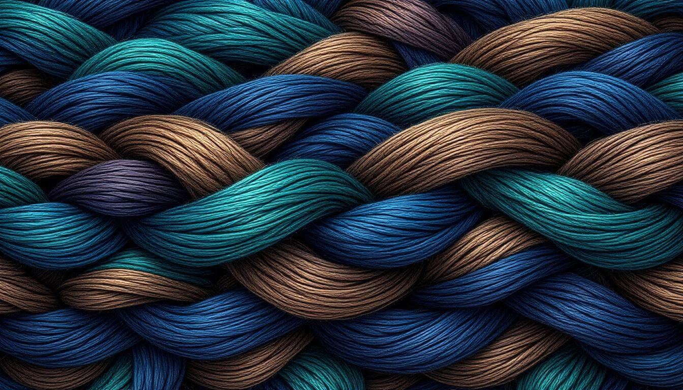 Interwoven colored threads forming a unified textile weave with distinct colored strands visibly integrated together.