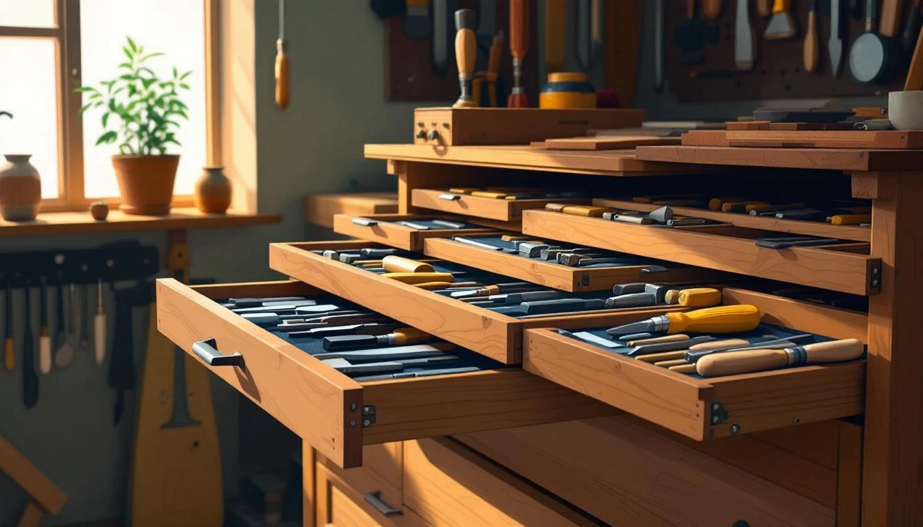 Open wooden tool chest with neatly arranged hand tools in felt-lined drawers, lit by warm side light.