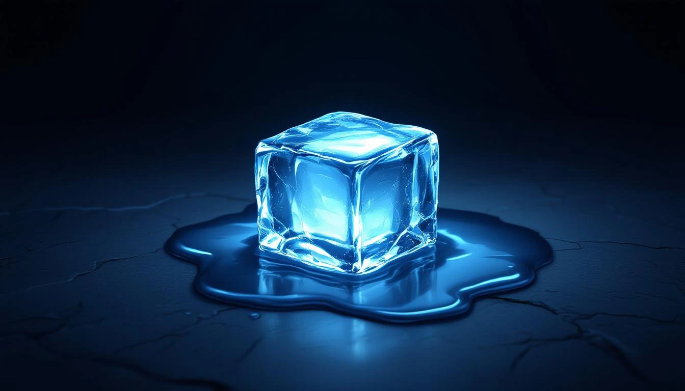 A clear blue-tinted ice cube melting on dark slate, water pooling beneath it under cool overhead light.