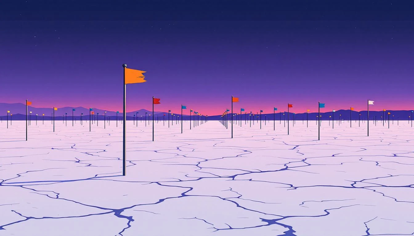 Metal survey stakes with colored flags casting long shadows across a cracked salt flat at dusk.