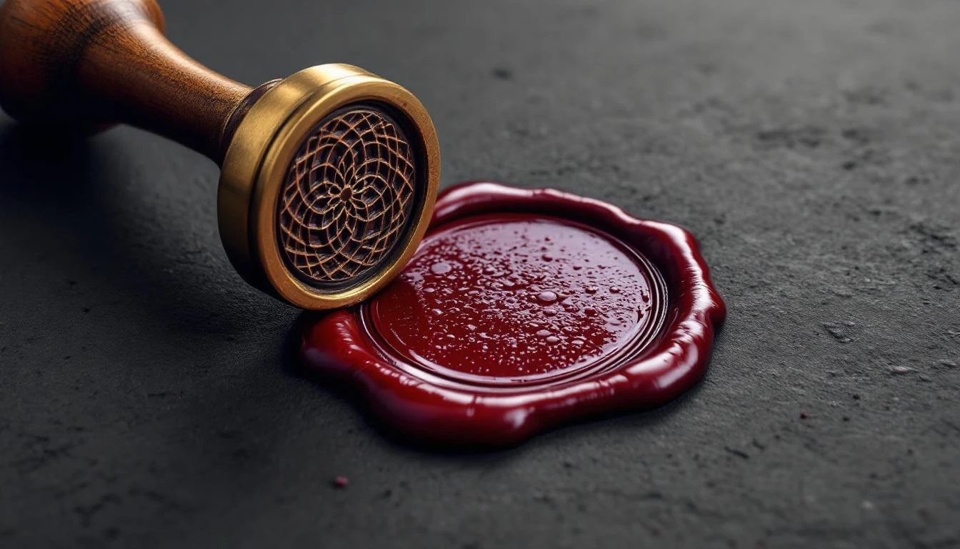 Bronze wax seal stamp pressed into dark crimson sealing wax on a charcoal surface, lit from the side.