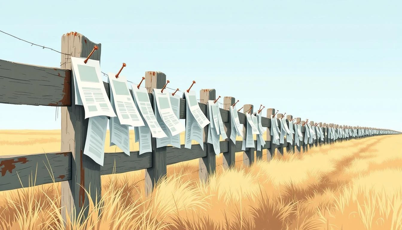 Dozens of identical flyers stacked on a rusty nail on a weathered fence post in a dry golden field.