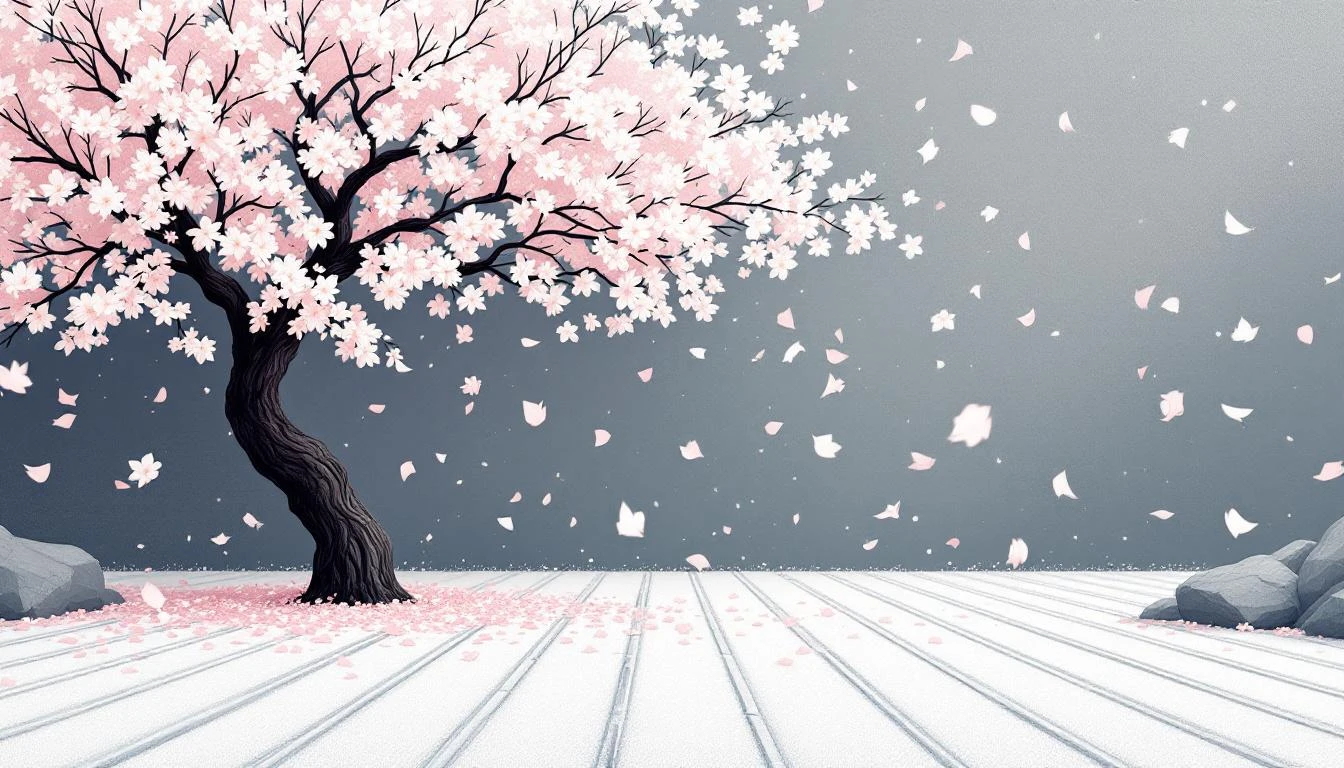 Cherry blossom petals scattering across a raked stone garden in cold flat light.