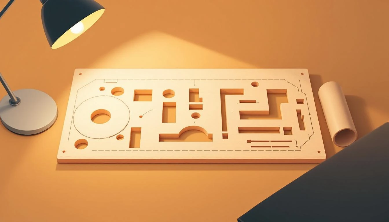 Wooden drafting template with geometric cutouts casting crisp shadows on an amber surface.