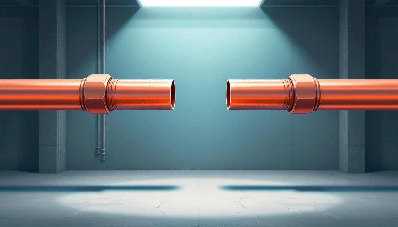 A broken copper pipe suspended horizontally with a matching replacement segment ready to bridge the gap.