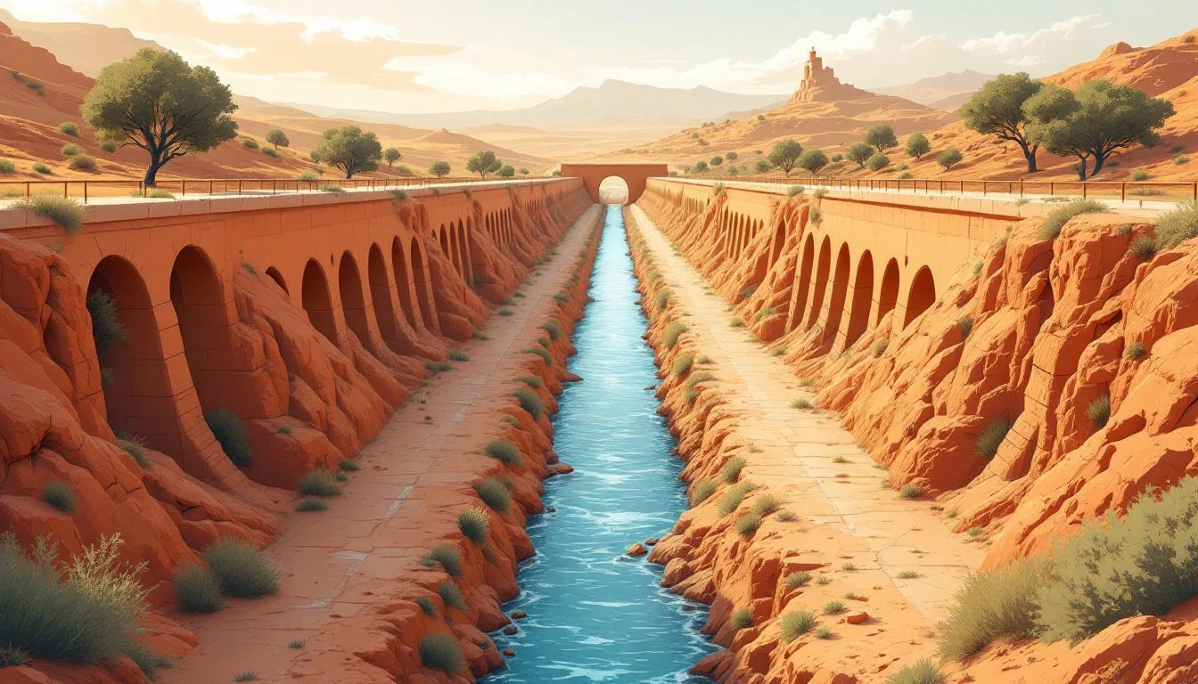 Two identical terracotta aqueduct channels splitting from a single reservoir on a sun-baked hillside.