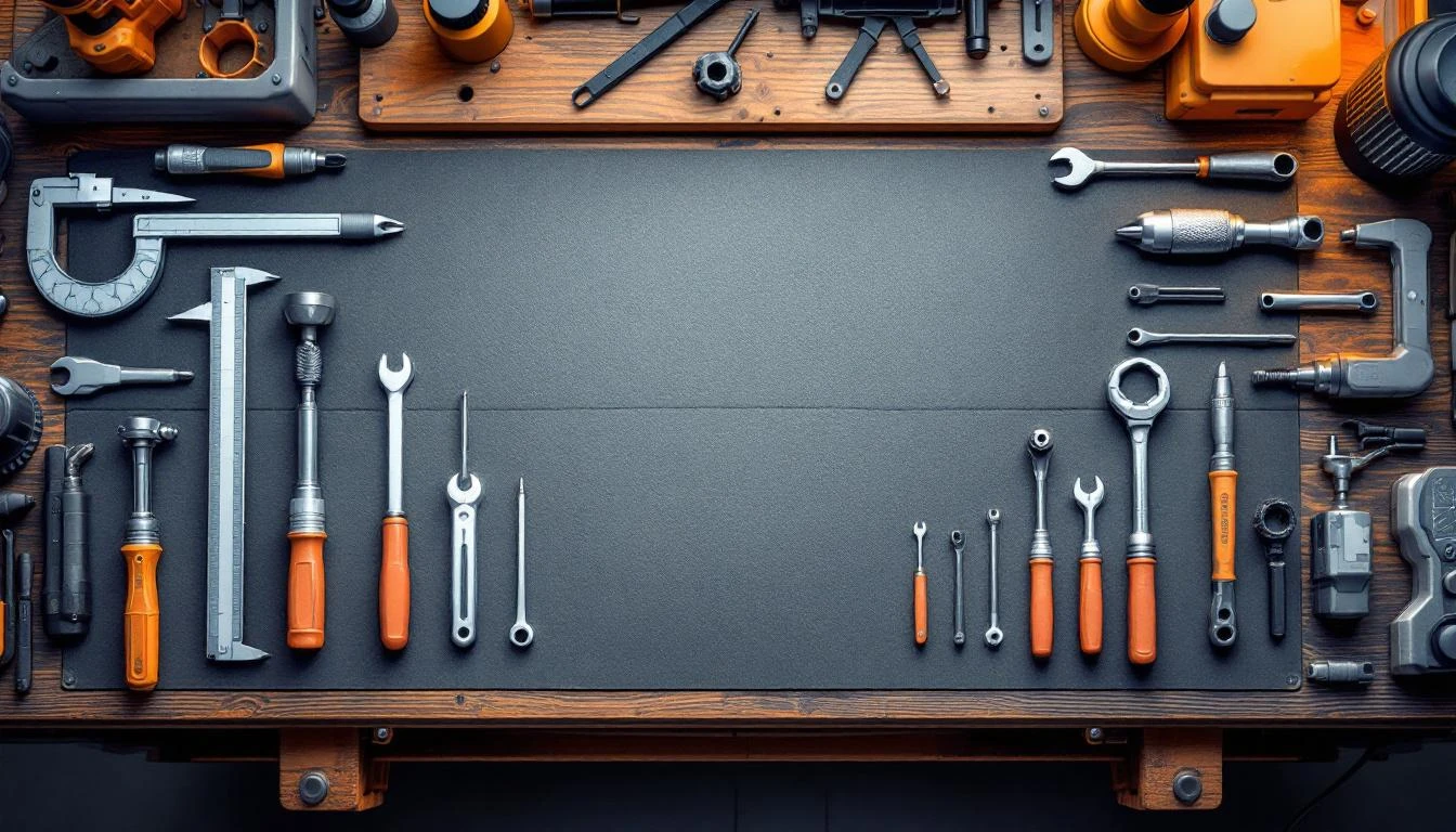 Precision hand tools including calipers, hex wrenches, and ratchets arranged on grey felt under warm amber light.