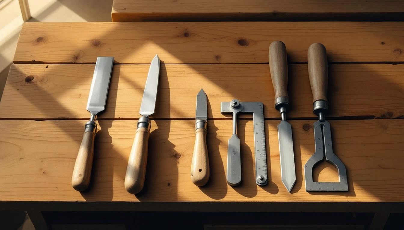 Row of chisels, marking gauge, square, and folding rule arranged in precise order on a worn wooden workbench.