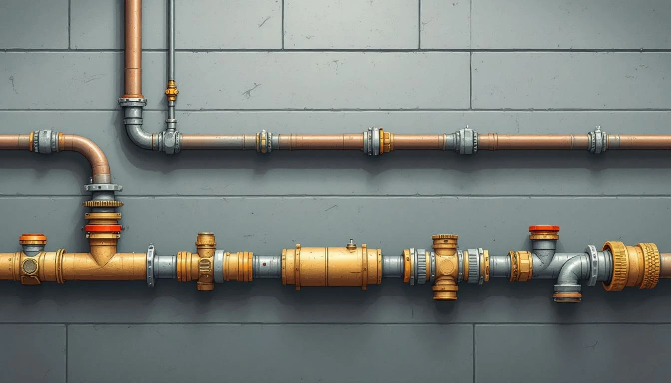 Mismatched iron pipe fittings and brass adapters joined in a winding line on a concrete floor.