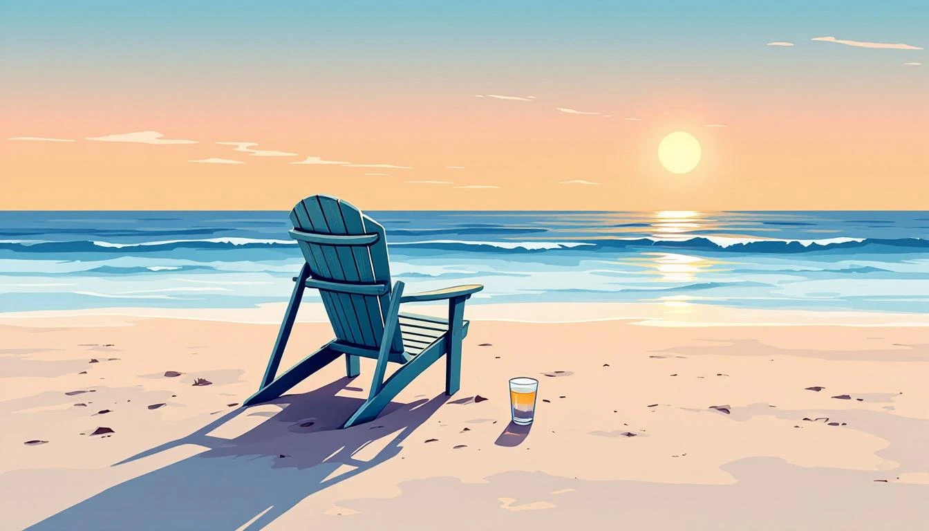Weathered wooden beach chair casting a long shadow on wet sand at golden hour, empty ocean ahead.