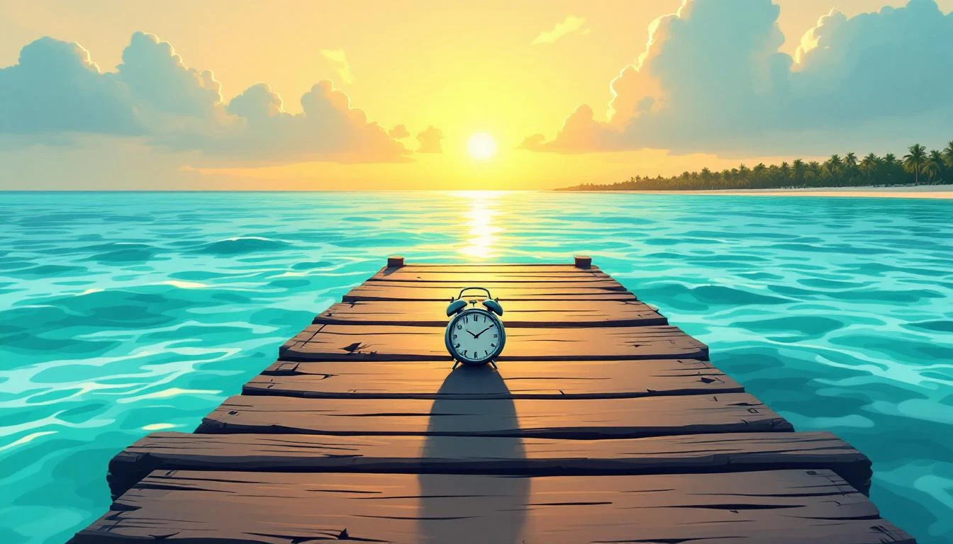 Weathered wooden dock over turquoise water at golden hour with a vintage alarm clock casting a long shadow toward the sea.