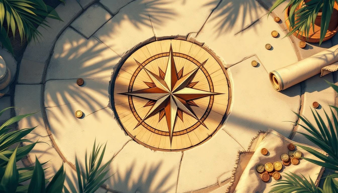Weathered compass rose inlaid in sun-bleached stone surrounded by coins, a coiled cable, and a cloth map.