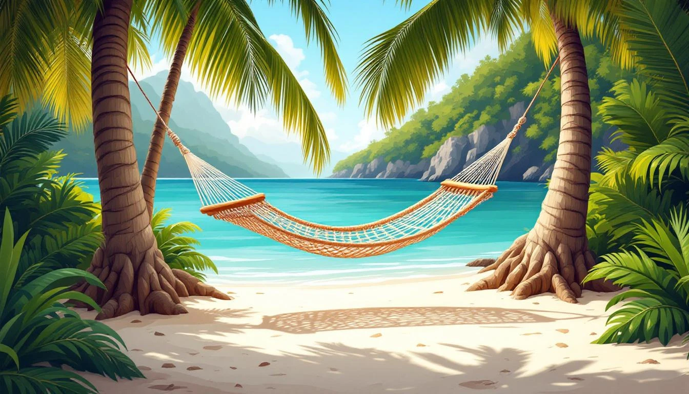 Sun-bleached cotton hammock strung between two palm trunks on a sandy cove with turquoise water behind.