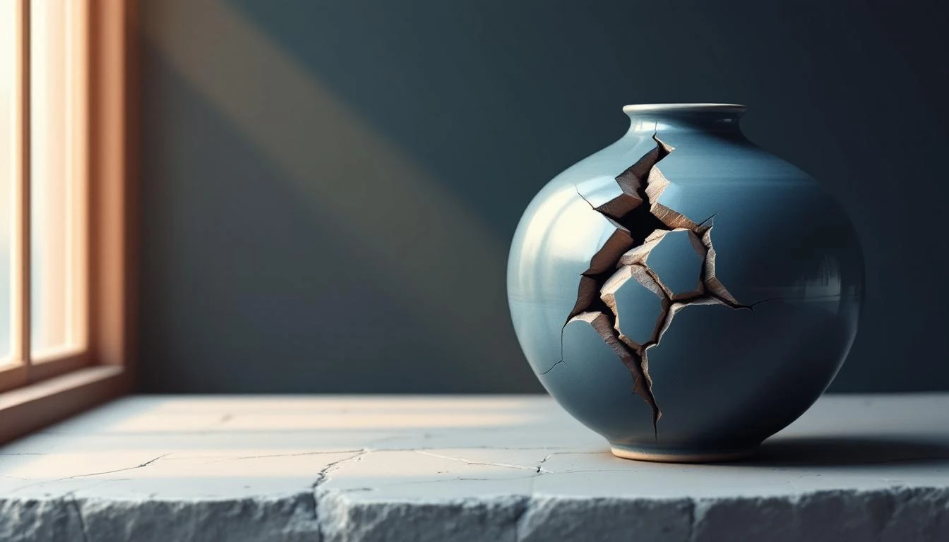 A cracked ceramic vessel beside an intact matching pot in slate blue glaze, lit by warm kiln light.