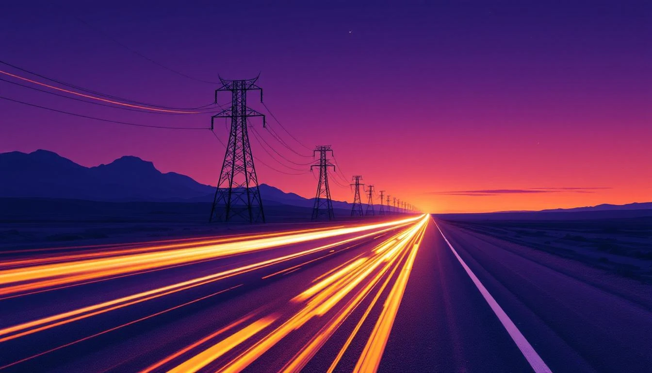 Long-exposure light streaks along a desert highway at dusk, passing silhouetted relay towers under a violet sky.