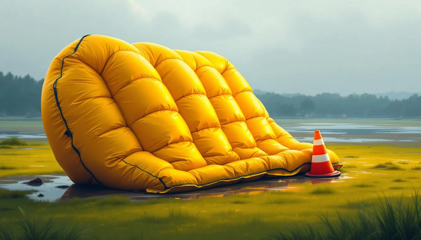 Deflated yellow inflatable structure collapsed on muddy wet grass under grey overcast sky with a tipped orange cone.
