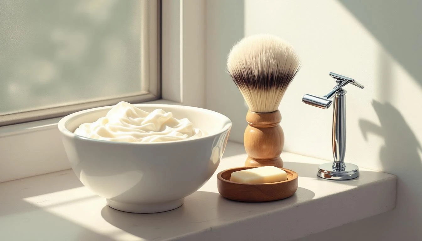 Chrome double-edge safety razor beside a badger brush and ivory lather bowl on a pale stone shelf.