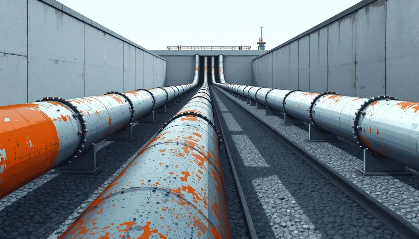 Weathered steel pipeline splitting into multiple parallel pipes extending toward the horizon on a gravel floor.