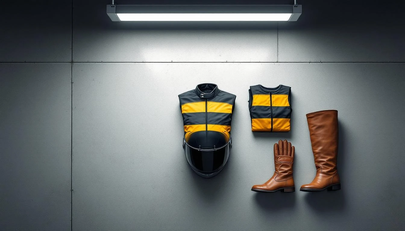 Flat-lay of motorcycle racing helmet, leather suit, gloves, and boots arranged on concrete floor.