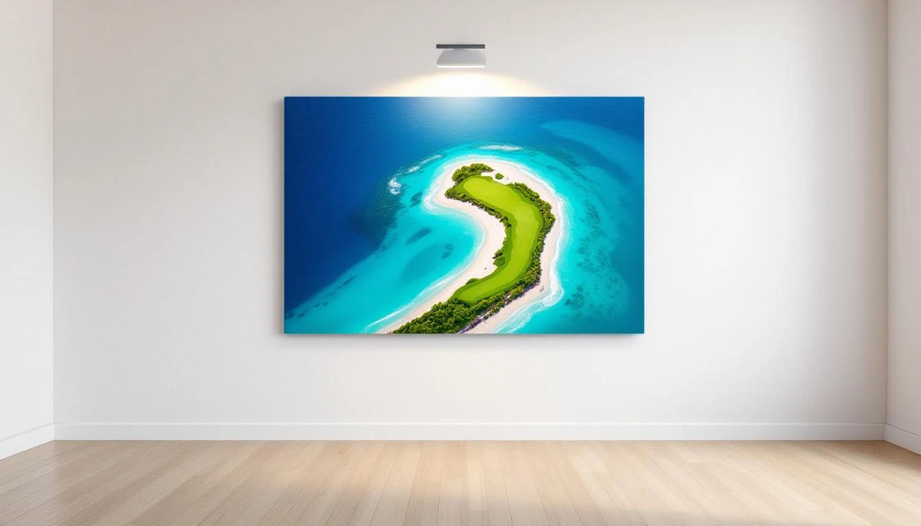 A single framed aerial photo of a green golf fairway meeting a turquoise Caribbean coastline, lit by a spotlight on a white gallery wall.