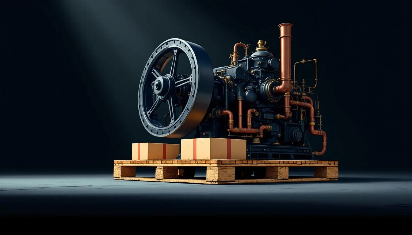 Heavy cast-iron steam engine crushing and splintering a lightweight wooden pallet beneath it.
