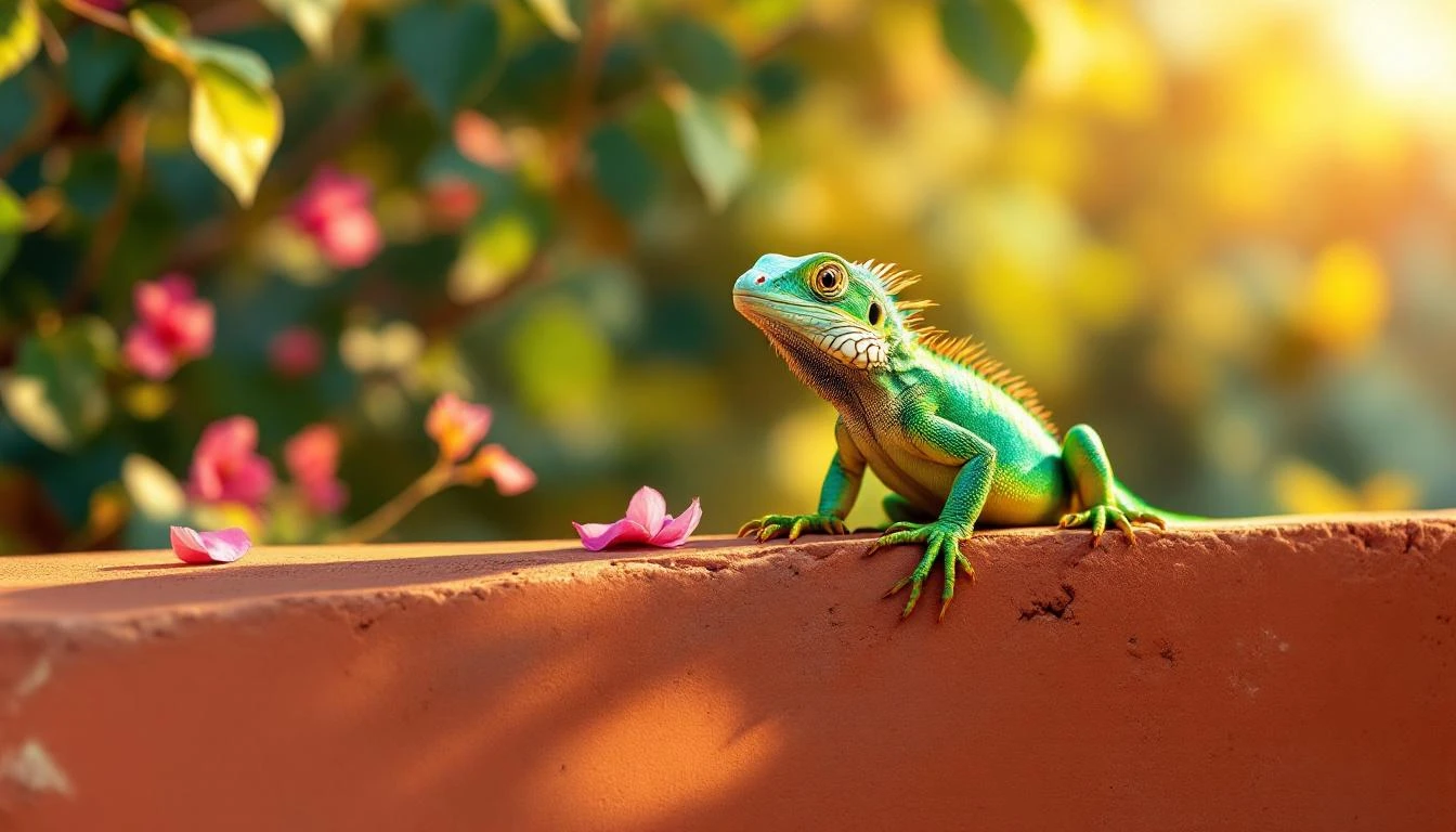 A green iguana resting on a sun-warmed terracotta wall with magenta bougainvillea petals nearby.