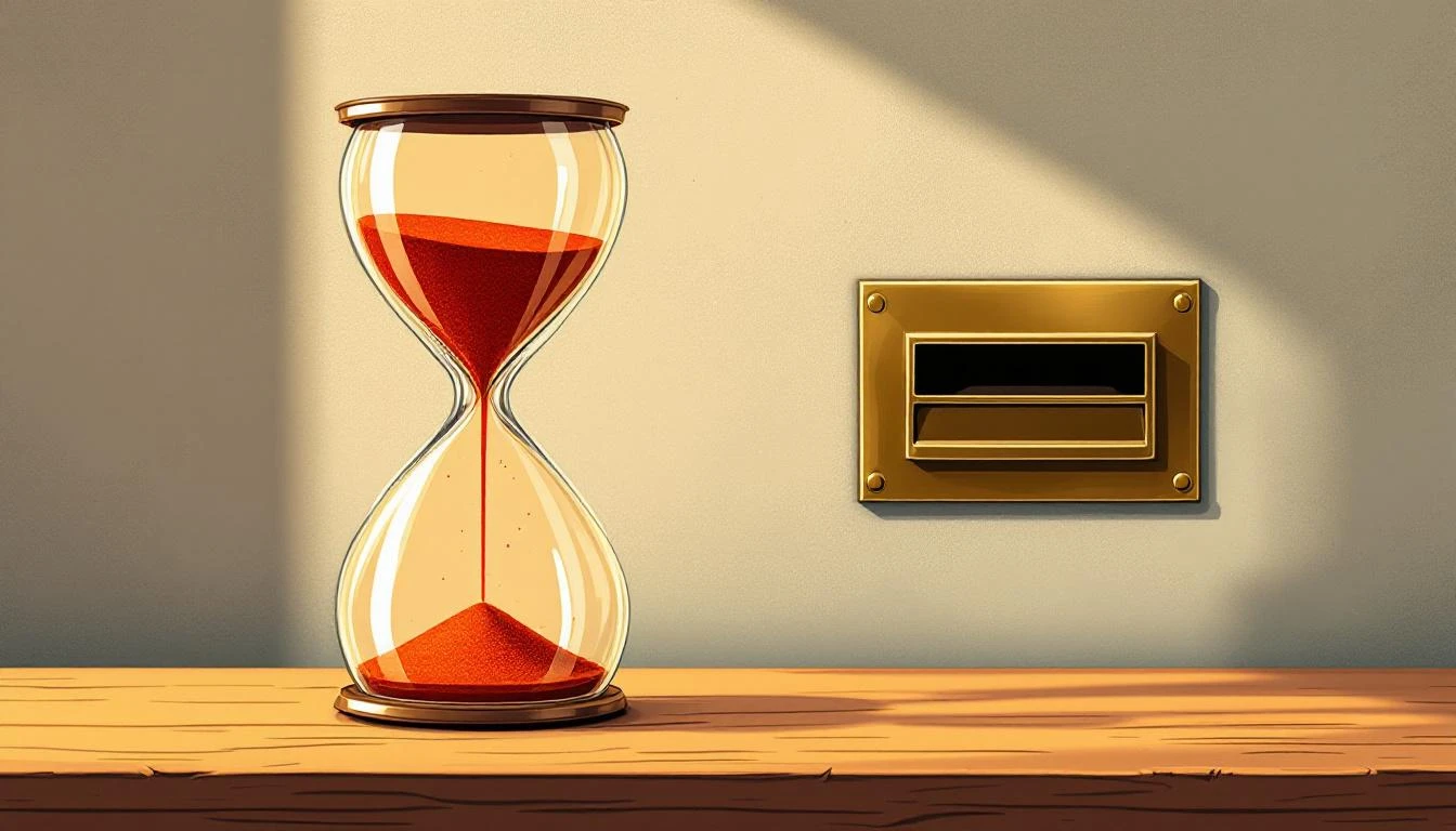 A red-orange sand timer beside a brass postal slot in a stone wall, lit with warm amber side-lighting.