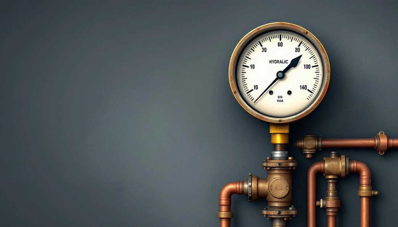 Weathered brass pressure gauge with needle in high range mounted on copper pipes against slate-grey background.