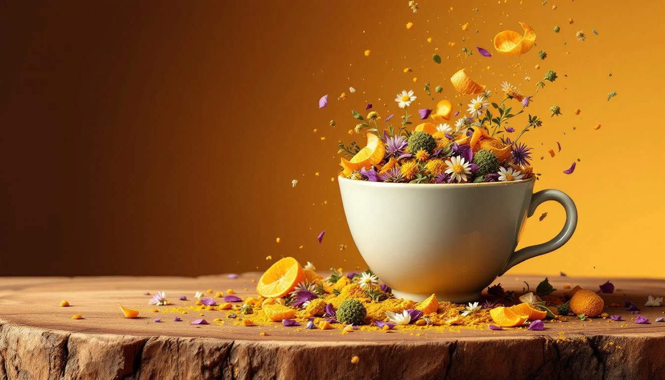 A ceramic teacup overflowing with a chaotic tangle of colorful dried botanicals and powders on a wooden surface.