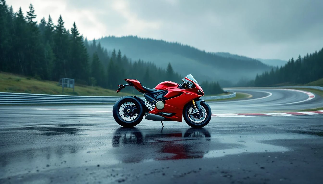 Red Italian motorcycle on a rain-damp racetrack with puddles, banked corner, and pine-covered hills under overcast sky.
