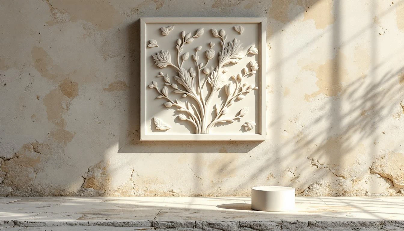 An ornate botanical plaster wall relief next to a fresh identical cast still in its mold on the ground.