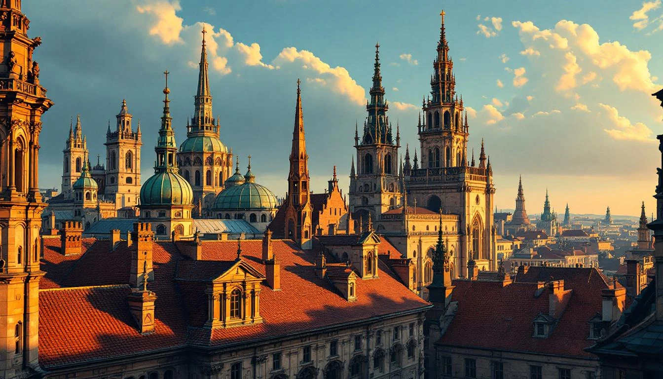 Gothic spires and Baroque copper-green domes rising above terracotta rooftops at golden hour over a cobblestone square.