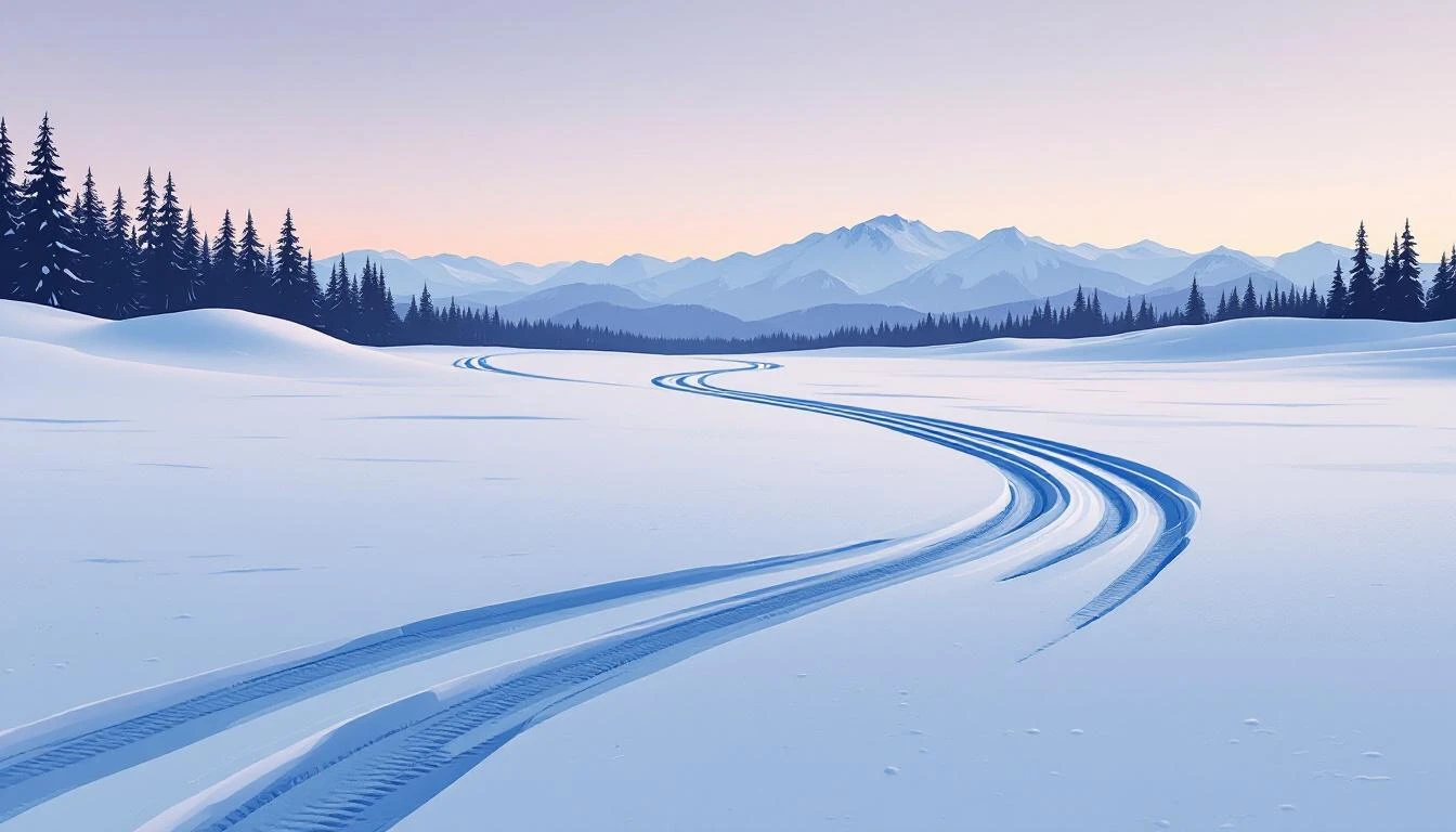 Sweeping tire tracks in S-curves across a snow-covered plateau at dusk with spruce trees on the horizon.