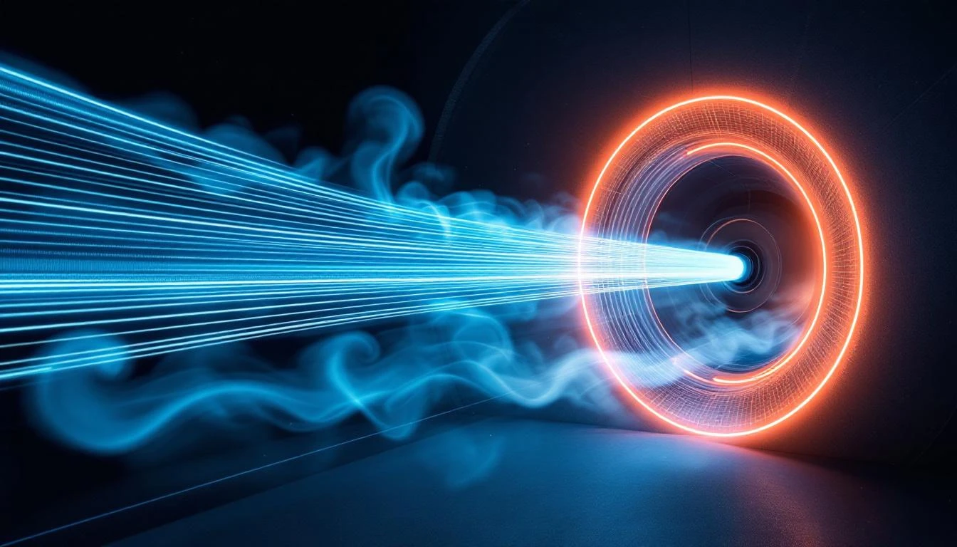 Smoke trails streaming around an aerodynamic form inside a dark wind tunnel chamber.