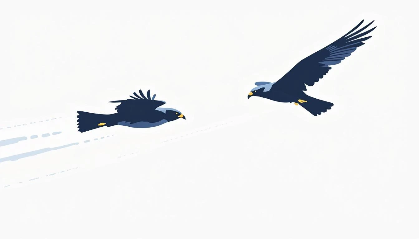 Two falcons in motion against grey background, one in a sharp dive pulling ahead of the other.