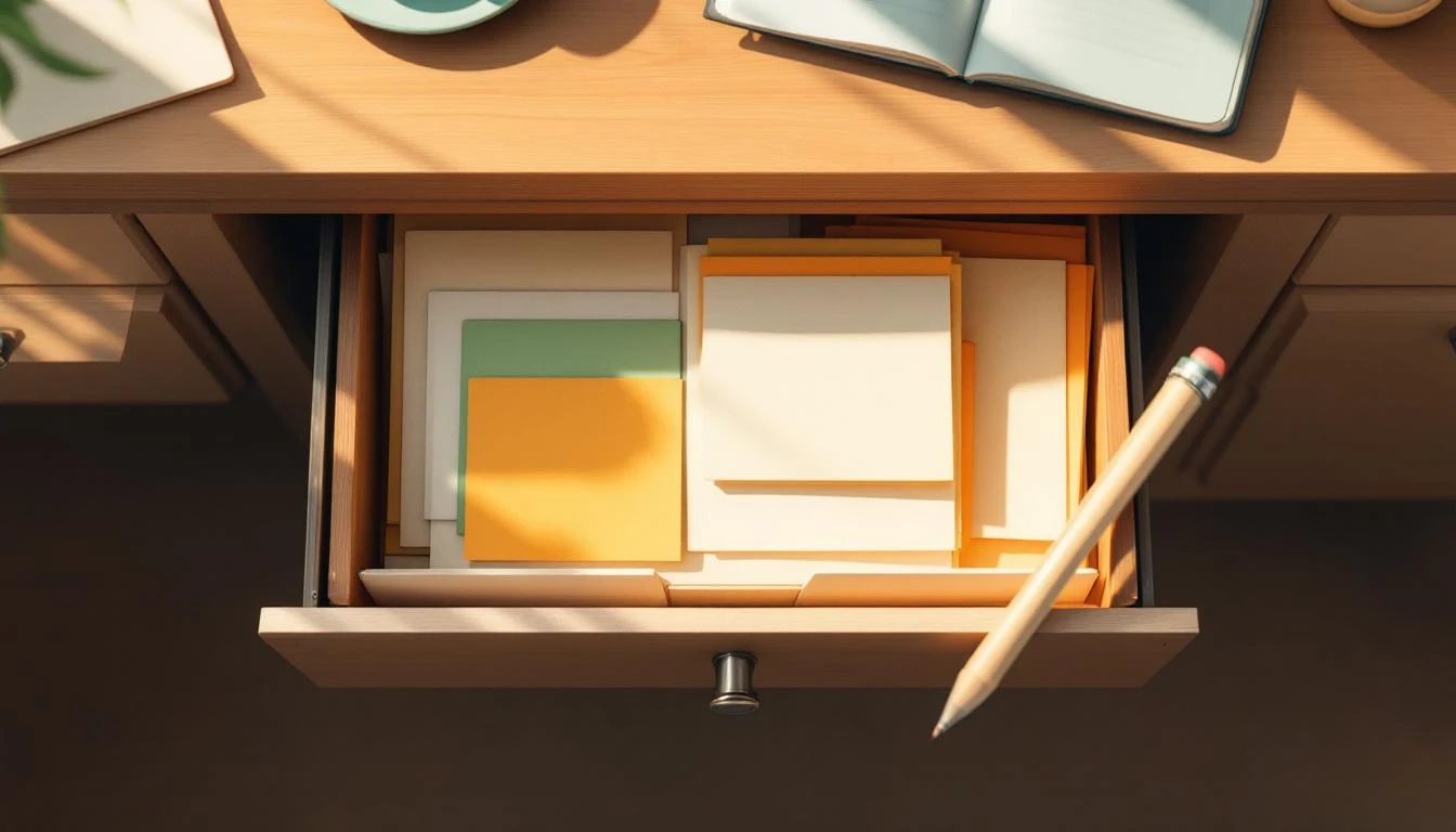 Open desk drawer filled with index cards, sticky notes, and folded slips arranged between dividers.