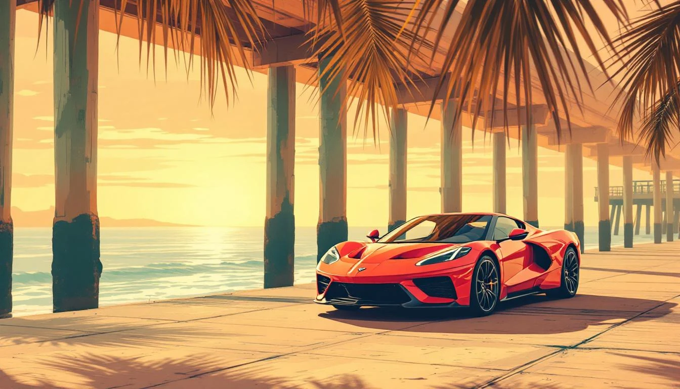Red sports car parked beside weathered pier pilings under golden Pacific light with a hazy amber horizon.
