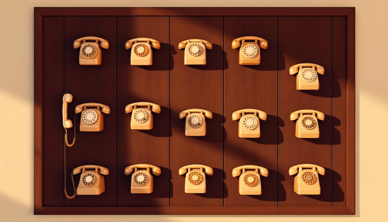 Grid of vintage brass rotary telephone handsets mounted on a dark mahogany wall panel in amber light.