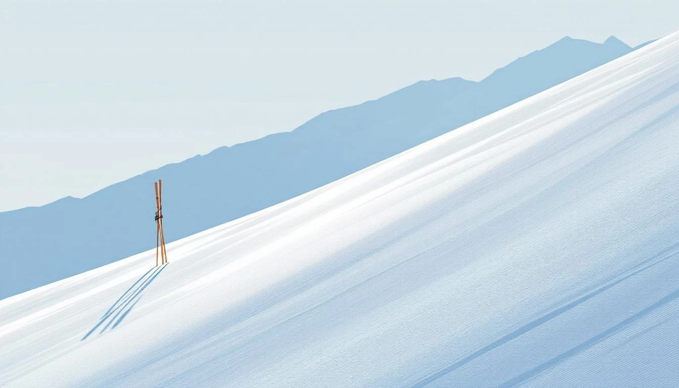 Two bamboo slalom poles casting long shadows across a groomed icy ski slope in flat winter light.