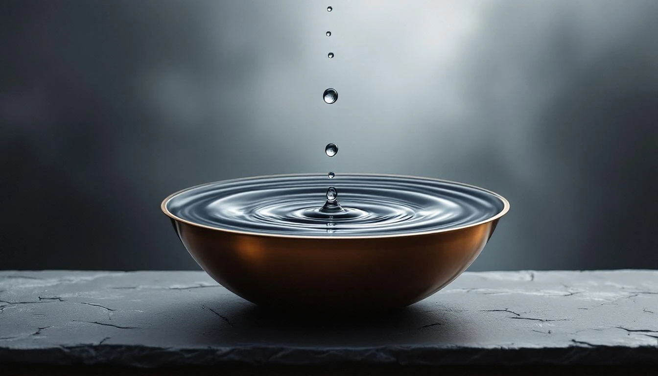 A water droplet falling into a copper bowl creating concentric ripples on a slate surface.
