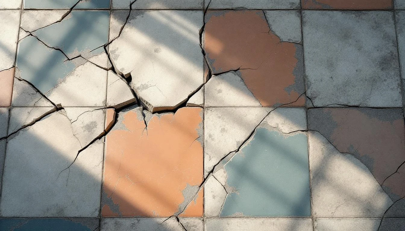 A stone floor mosaic where half the ceramic tiles are cracked or misaligned, revealing rough substrate beneath.