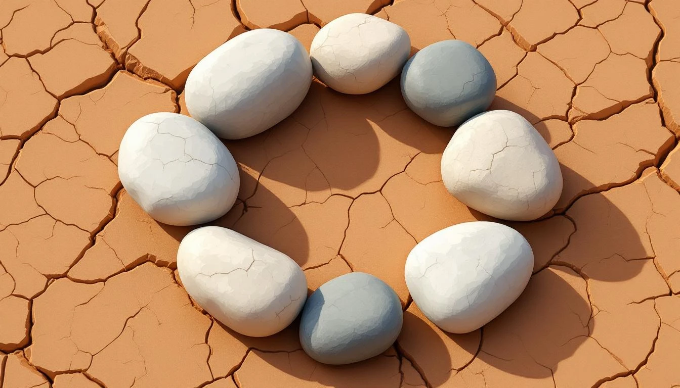 Twelve smooth river stones arranged in a circle on cracked clay, several knocked out of alignment.