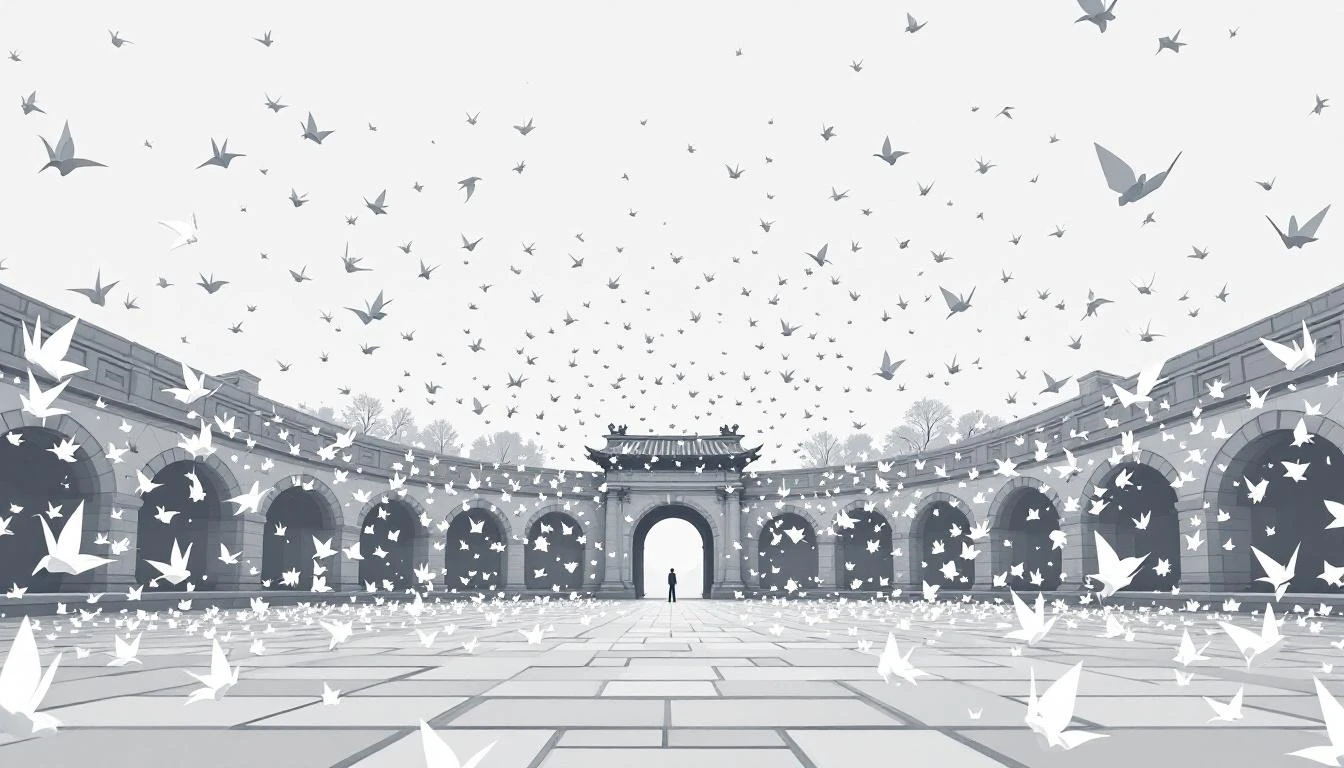 Hundreds of white paper cranes scattering outward from a stone arch under an overcast grey sky.