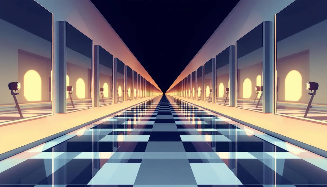 Infinite mirror tunnel in amber light collapsing into a dark vanishing point at center.