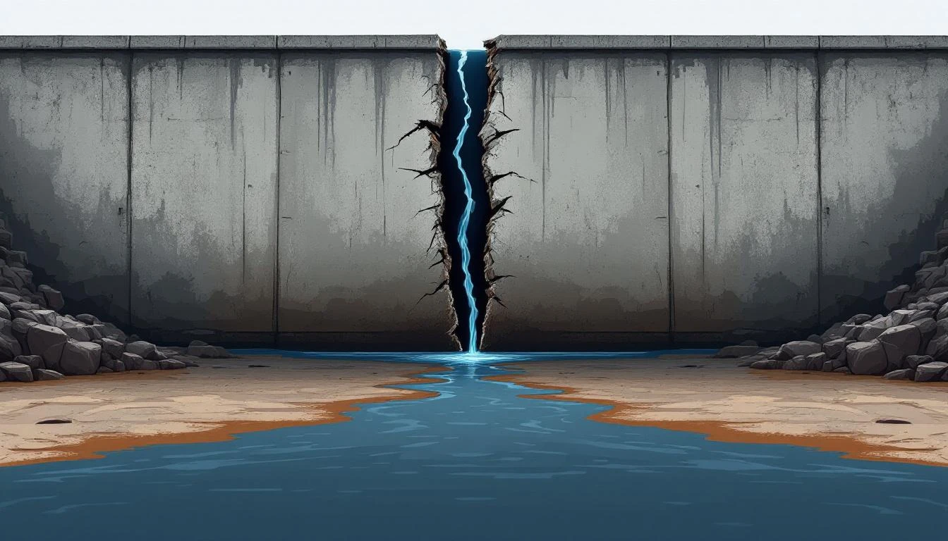Fractured concrete dam wall with dark water seeping through a crack onto dry riverbed below.