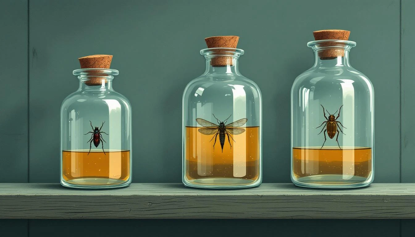Three antique glass specimen jars with cork stoppers containing preserved insects in amber-tinted liquid on a weathered wooden shelf.