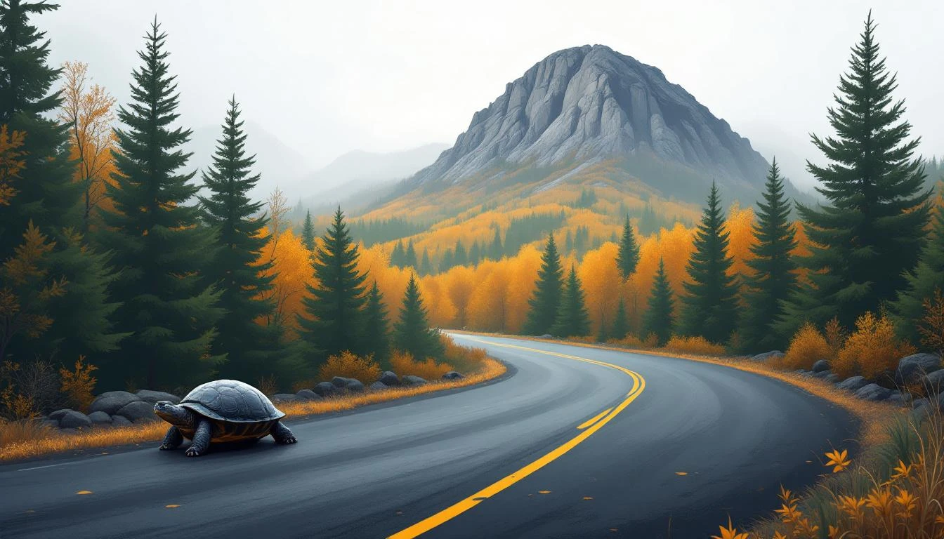 Winding road through autumn New England forest rising to a misty granite summit, with a snapping turtle on the roadside.