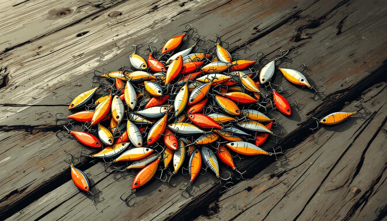 Dozens of identical tangled fishing lures piled on a weathered salt-bleached wooden dock under overcast light.