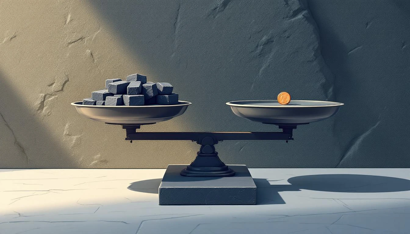 An iron balance scale tipped heavily to one side by dark stone blocks, with a single copper coin on the other pan.